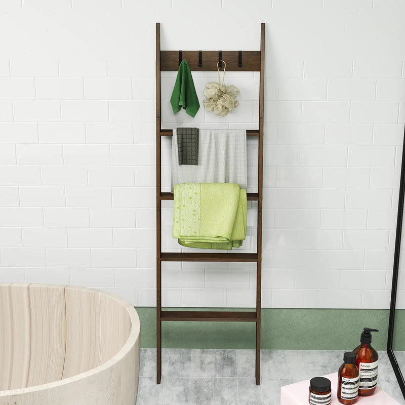5-Tier Bamboo Ladder Bookshelf with 4 Removable Hooks-Brown by DirectDeals