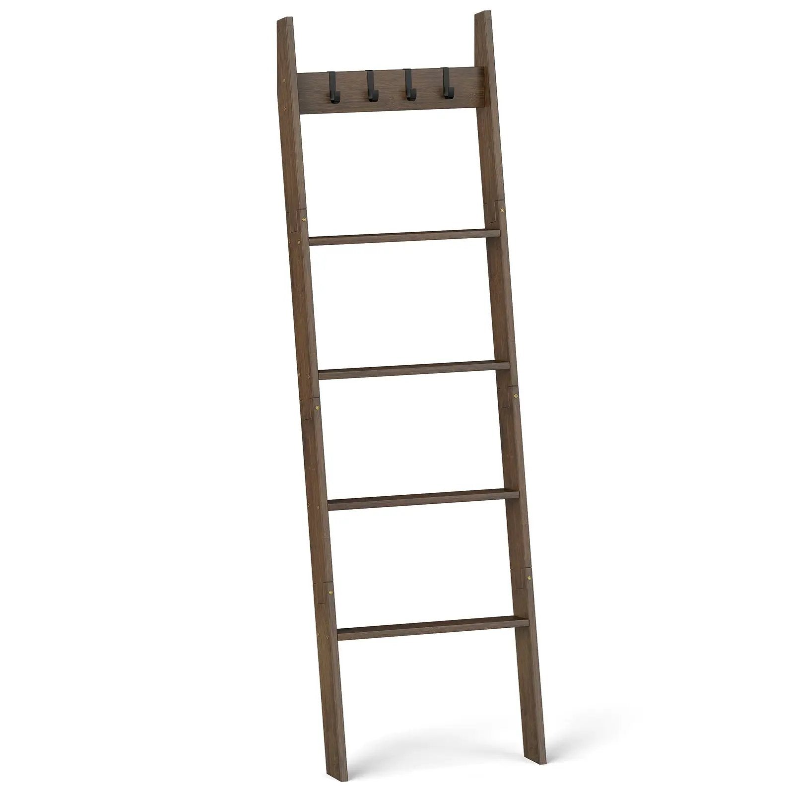5-Tier Bamboo Ladder Bookshelf with 4 Removable Hooks-Brown by DirectDeals