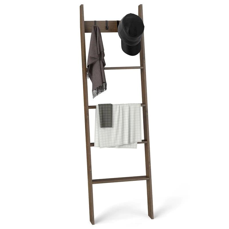 5-Tier Bamboo Ladder Bookshelf with 4 Removable Hooks-Brown by DirectDeals