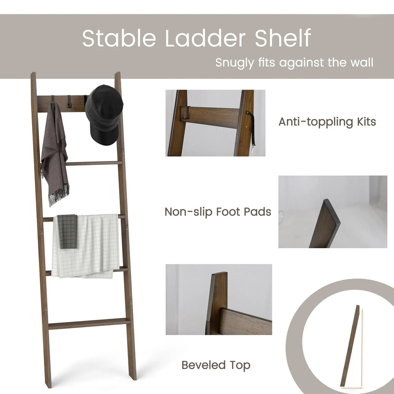 5-Tier Bamboo Ladder Bookshelf with 4 Removable Hooks-Brown by DirectDeals