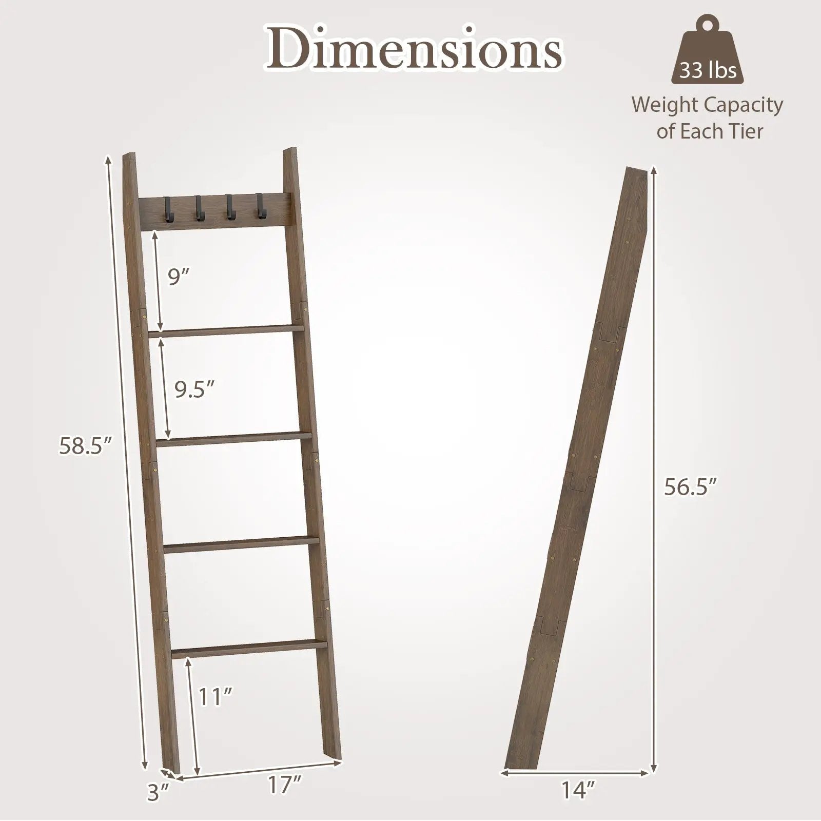 5-Tier Bamboo Ladder Bookshelf with 4 Removable Hooks-Brown by DirectDeals