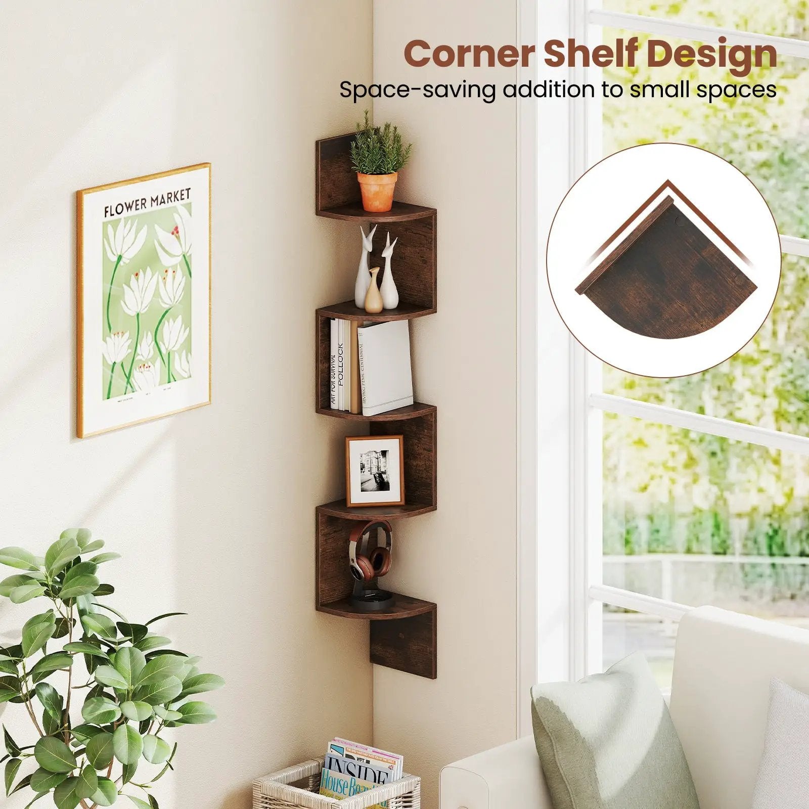 5-Tier Corner Shelf Floating Bookshelf Wall Mounted Storage Organizer by DirectDeals