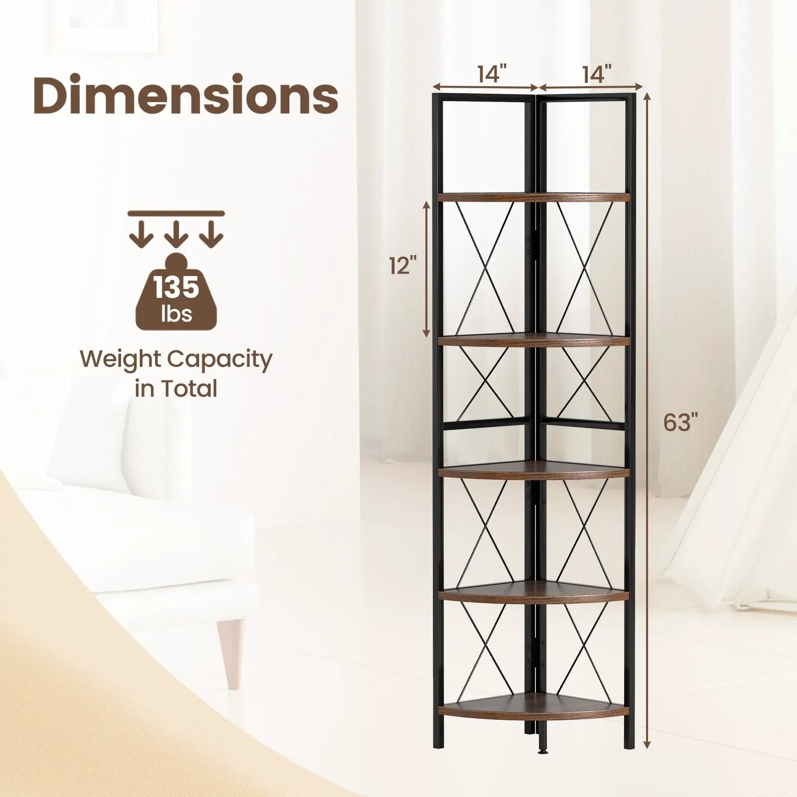 5-Tier Freestanding Corner Shelf 63 Inch Tall Storage Rack by DirectDeals