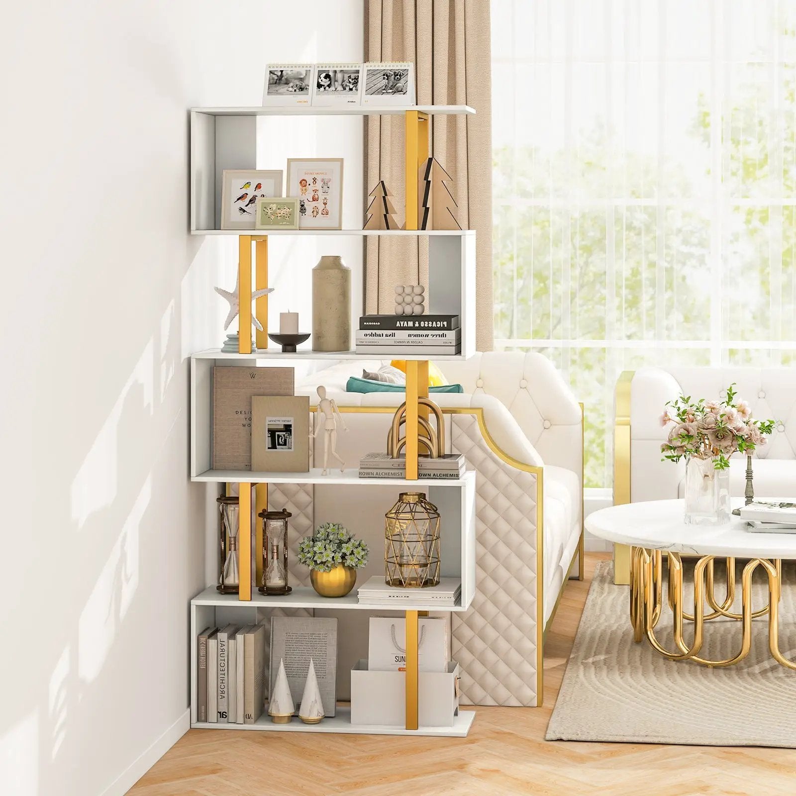 5-Tier/6-Tier Geometric Bookcase with Metal Frame and Anti-tipping Kits by DirectDeals