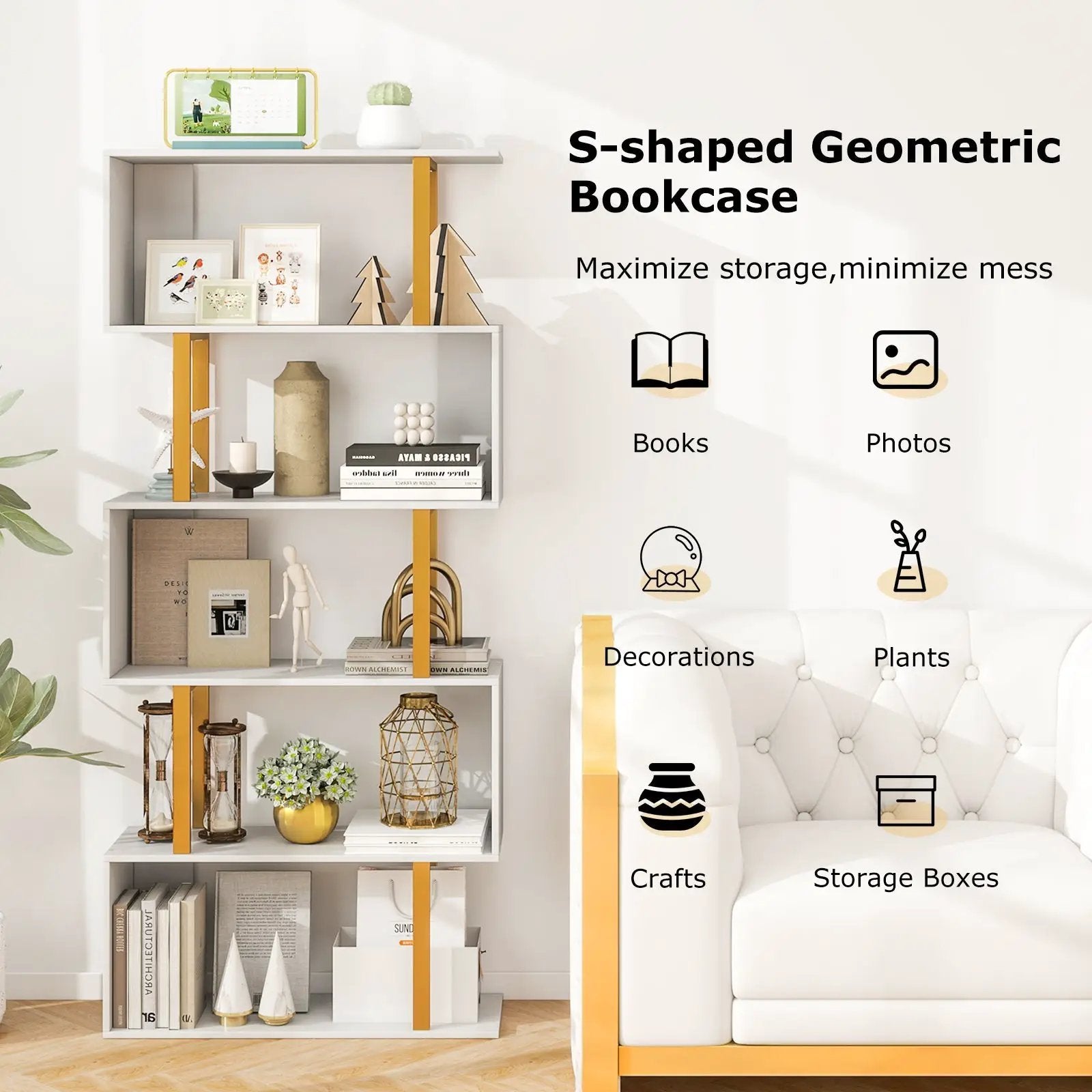 5-Tier/6-Tier Geometric Bookcase with Metal Frame and Anti-tipping Kits by DirectDeals