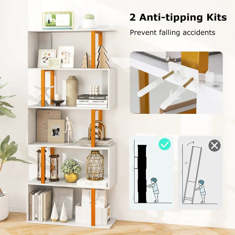 5-Tier/6-Tier Geometric Bookcase with Metal Frame and Anti-tipping Kits by DirectDeals