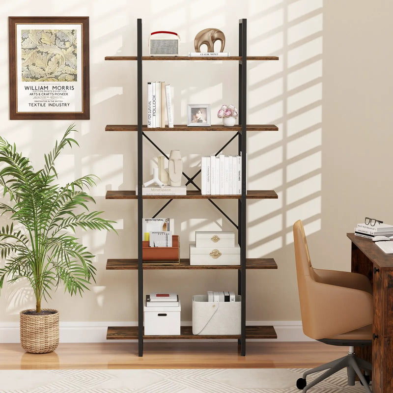 5-Tier 62 Inch Tall Vintage Industrial Bookcase with Open Storage Shelves-Rustic Brown by DirectDeals