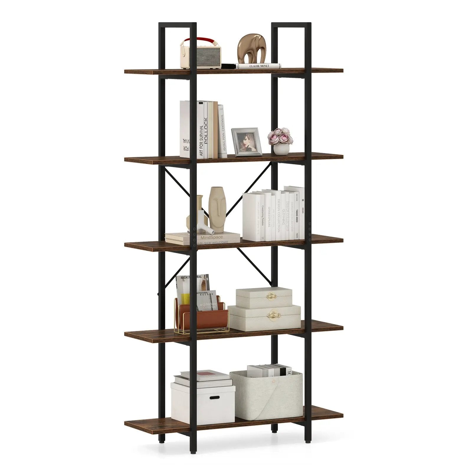 5-Tier 62 Inch Tall Vintage Industrial Bookcase with Open Storage Shelves-Rustic Brown by DirectDeals