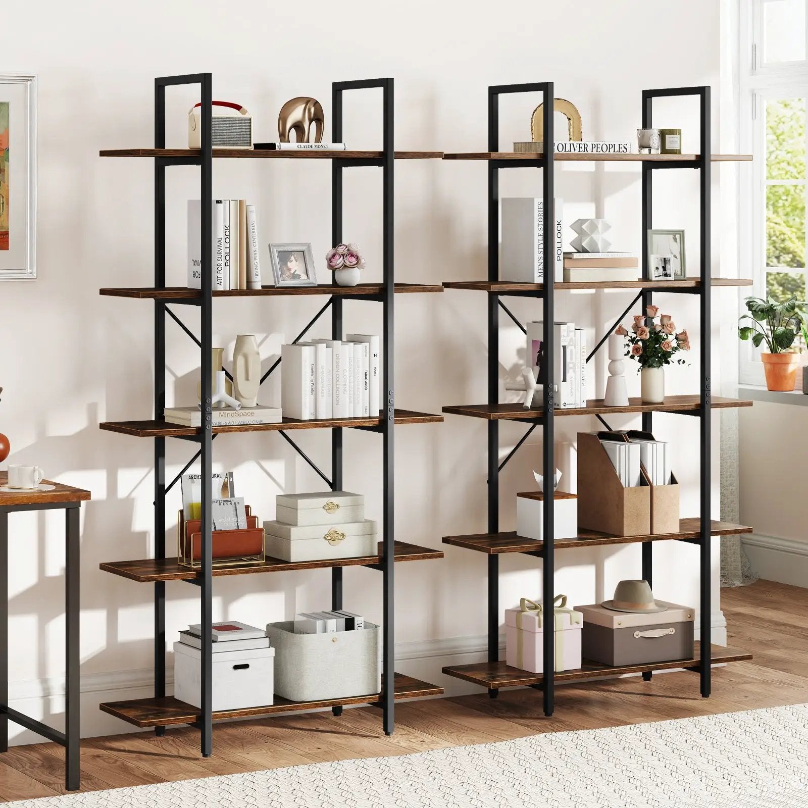 5-Tier 62 Inch Tall Vintage Industrial Bookcase with Open Storage Shelves-Rustic Brown by DirectDeals