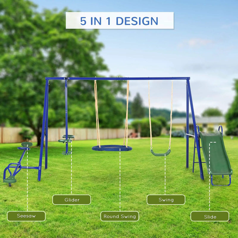 5-In-1 Heavy-Duty Outdoor A-Frame Swing Set With Saucer, Swing, Slide, Seesaw, Glider, And Swing Seat (SAK61472) by SAKSBY WHOLESALE