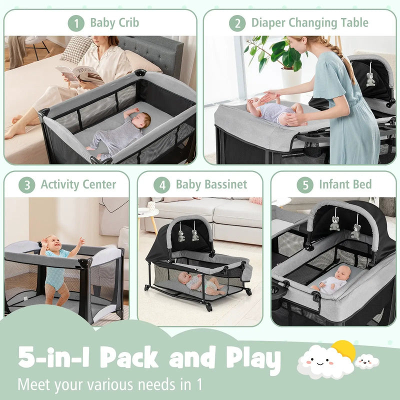 5-in-1 Portable Baby Playard with Cradle and Storage Basket by DirectDeals