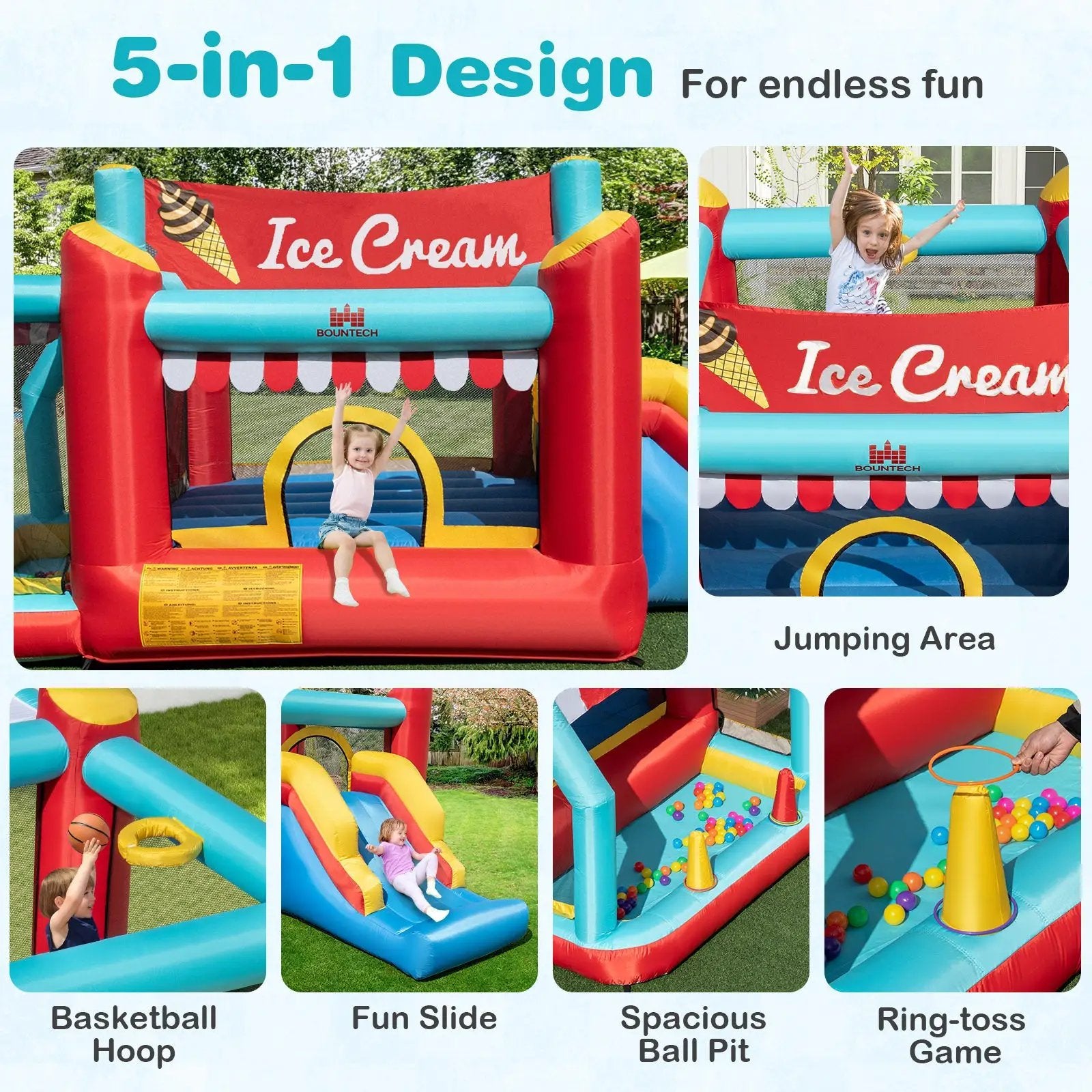 5-in-1 Ice Cream Inflatable Bounce House with Ball Pit and Slide without Blower by DirectDeals