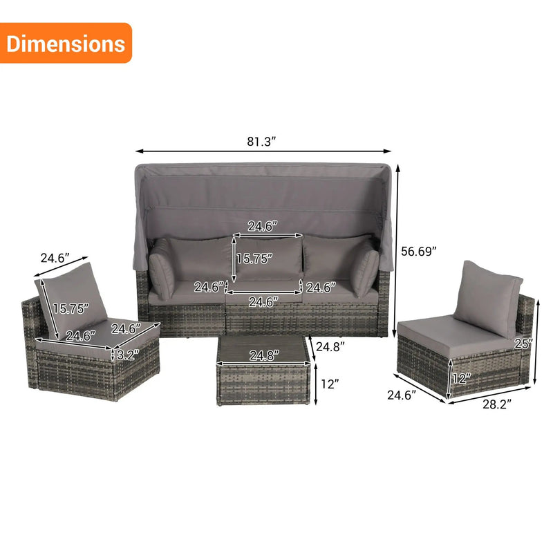Alora 5-Piece Outdoor Patio Wicker Daybed Furniture Set With Retractable Canopy (SAK37816) by SAKSBY WHOLESALE