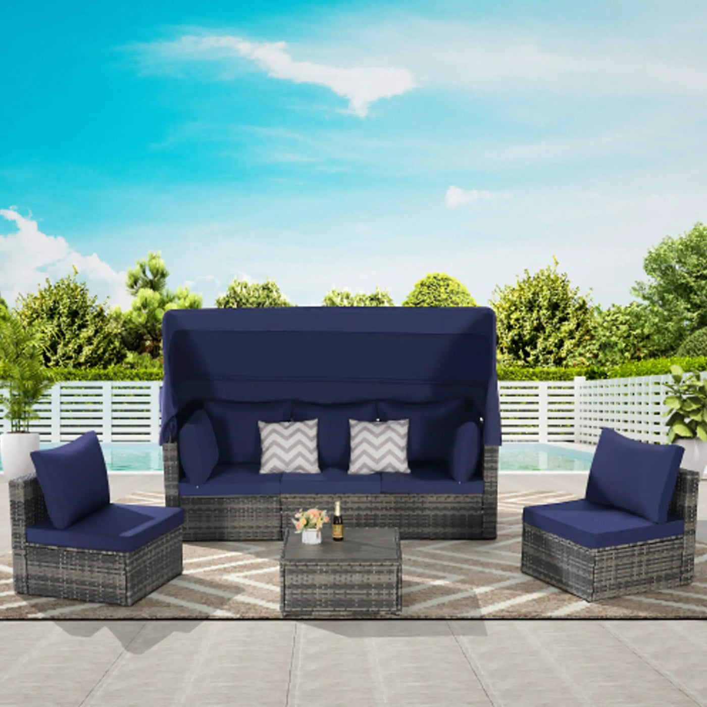 5-Piece Outdoor Patio Wicker Daybed Furniture Set With Retractable Canopy (SAK37816) by SAKSBY WHOLESALE