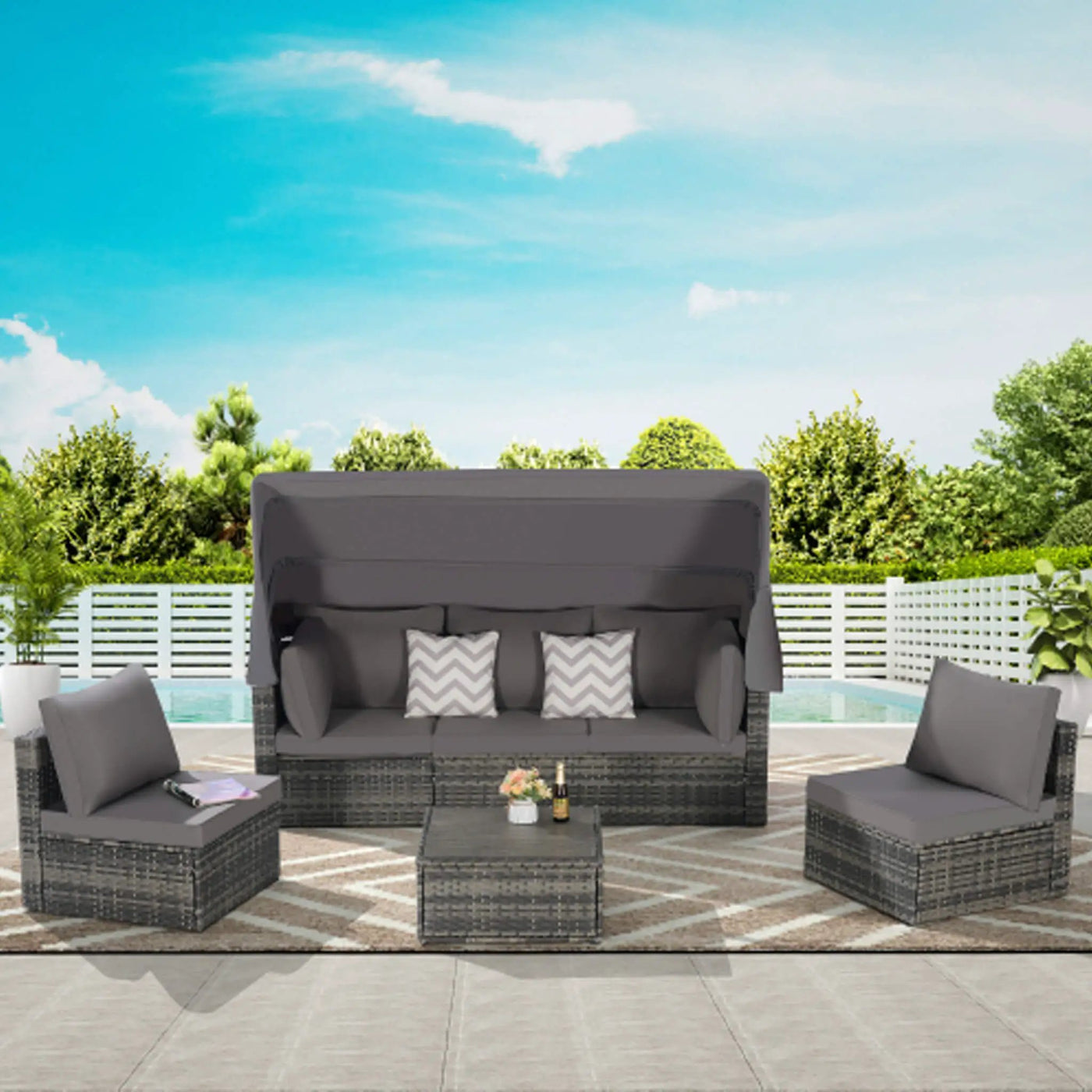 5-Piece Outdoor Patio Wicker Daybed Furniture Set With Retractable Canopy (SAK37816) by SAKSBY WHOLESALE