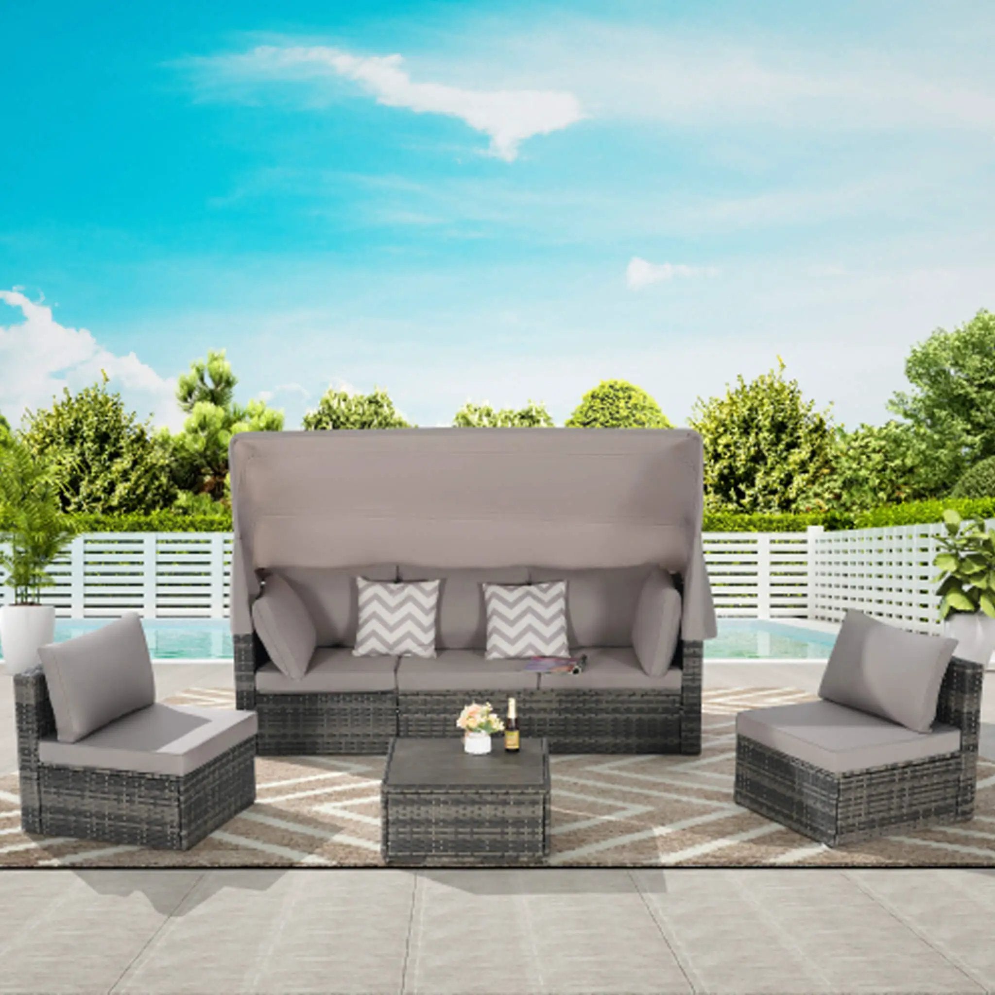 Alora 5-Piece Outdoor Patio Wicker Daybed Furniture Set With Retractable Canopy (SAK37816) by SAKSBY WHOLESALE