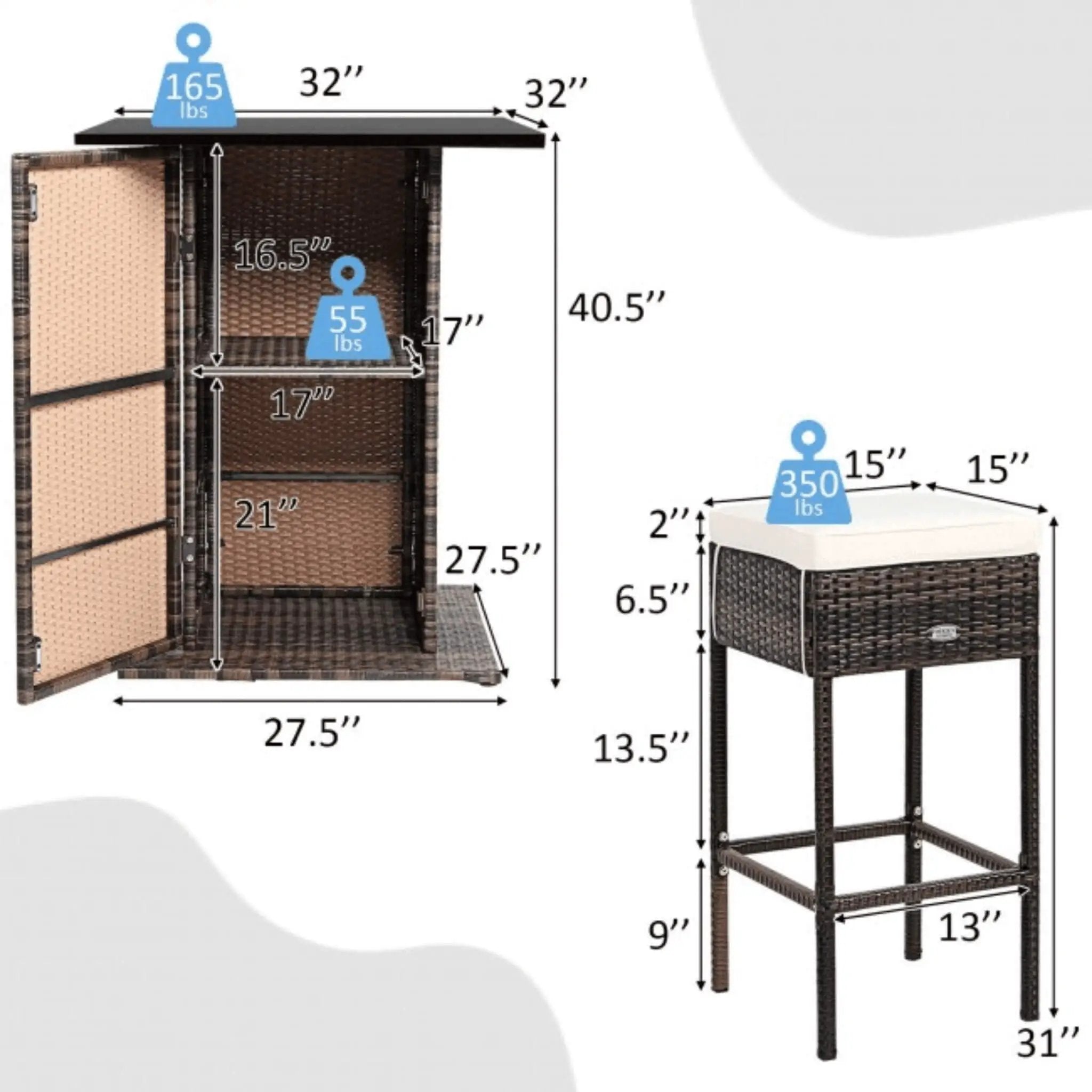 Alora 5-Piece Patio Rattan Bar Table Stool Set With Hidden Storage Shelf & Cushions (SAK14645) by SAKSBY WHOLESALE