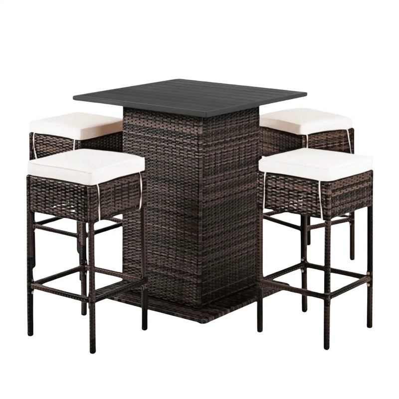 Alora 5-Piece Patio Rattan Bar Table Stool Set With Hidden Storage Shelf & Cushions (SAK14645) by SAKSBY WHOLESALE