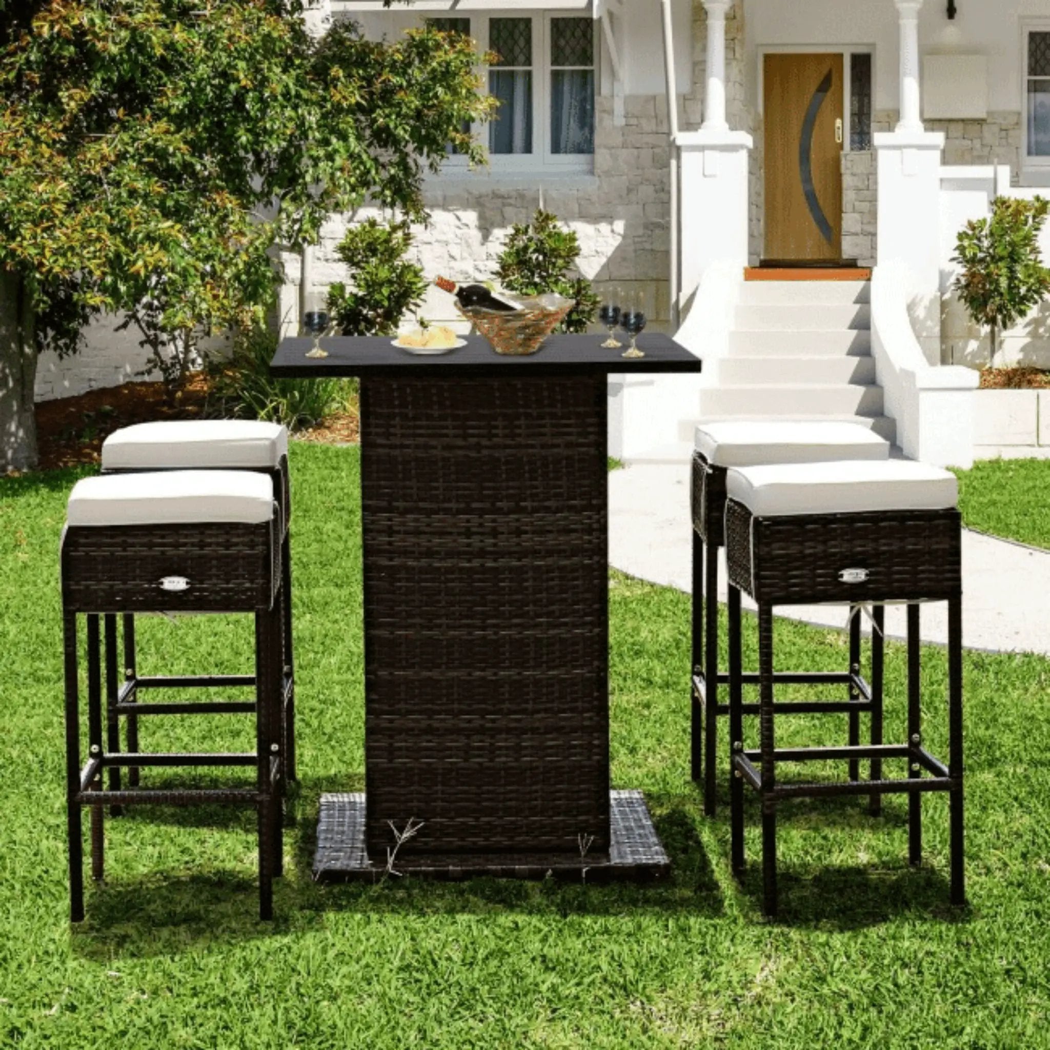 Alora 5-Piece Patio Rattan Bar Table Stool Set With Hidden Storage Shelf & Cushions (SAK14645) by SAKSBY WHOLESALE