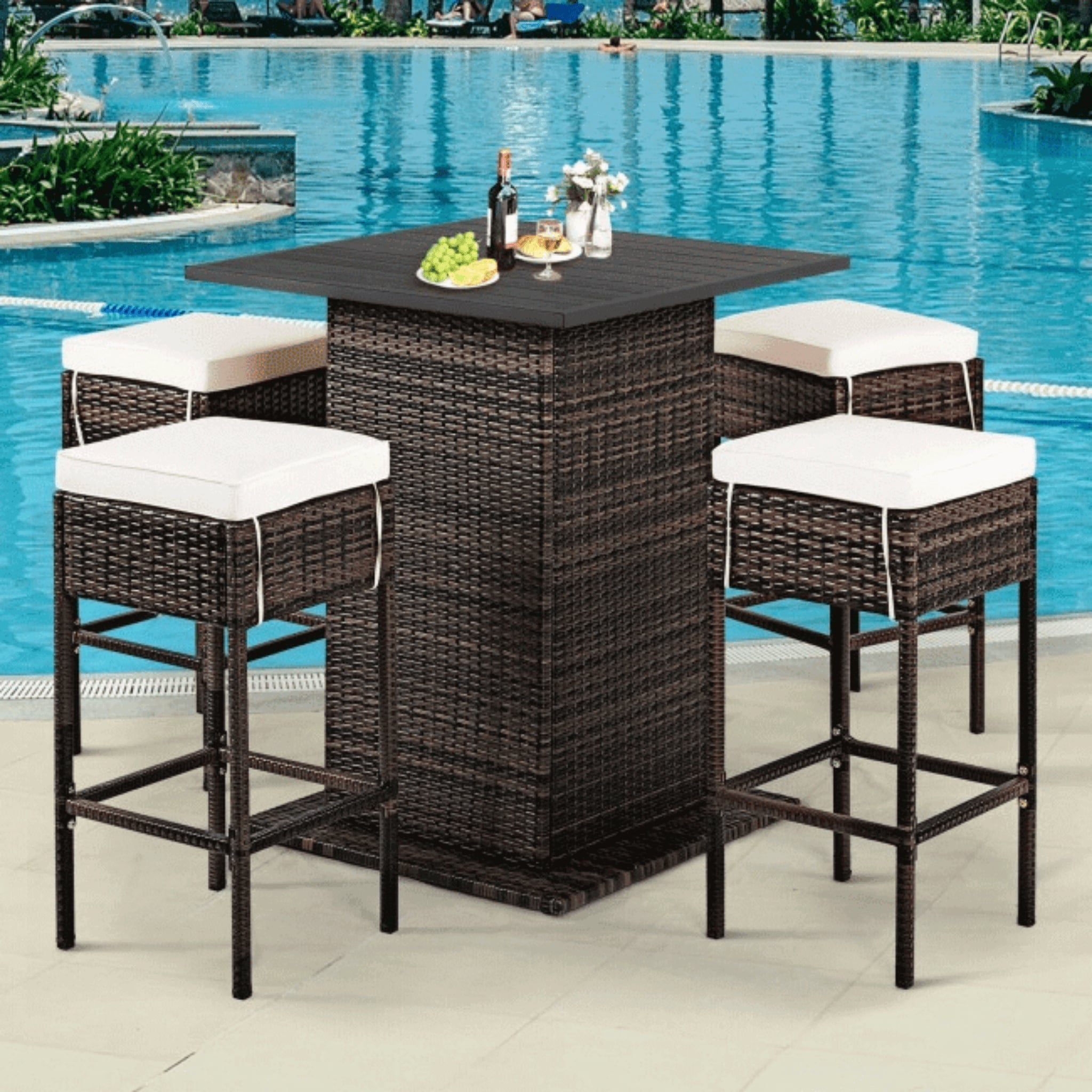 Alora 5-Piece Patio Rattan Bar Table Stool Set With Hidden Storage Shelf & Cushions (SAK14645) by SAKSBY WHOLESALE
