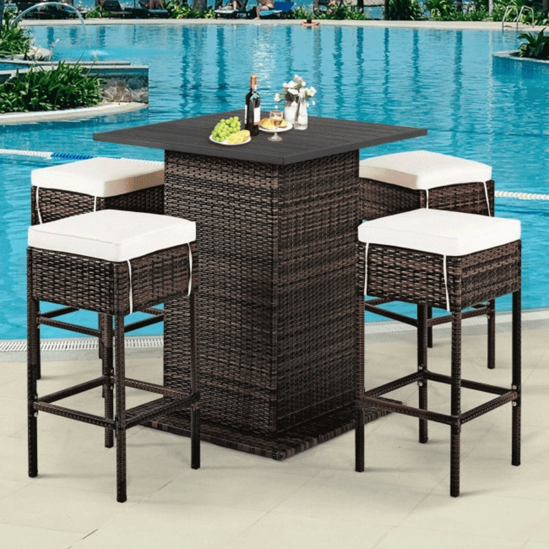 Alora 5-Piece Patio Rattan Bar Table Stool Set With Hidden Storage Shelf & Cushions (SAK14645) by SAKSBY WHOLESALE