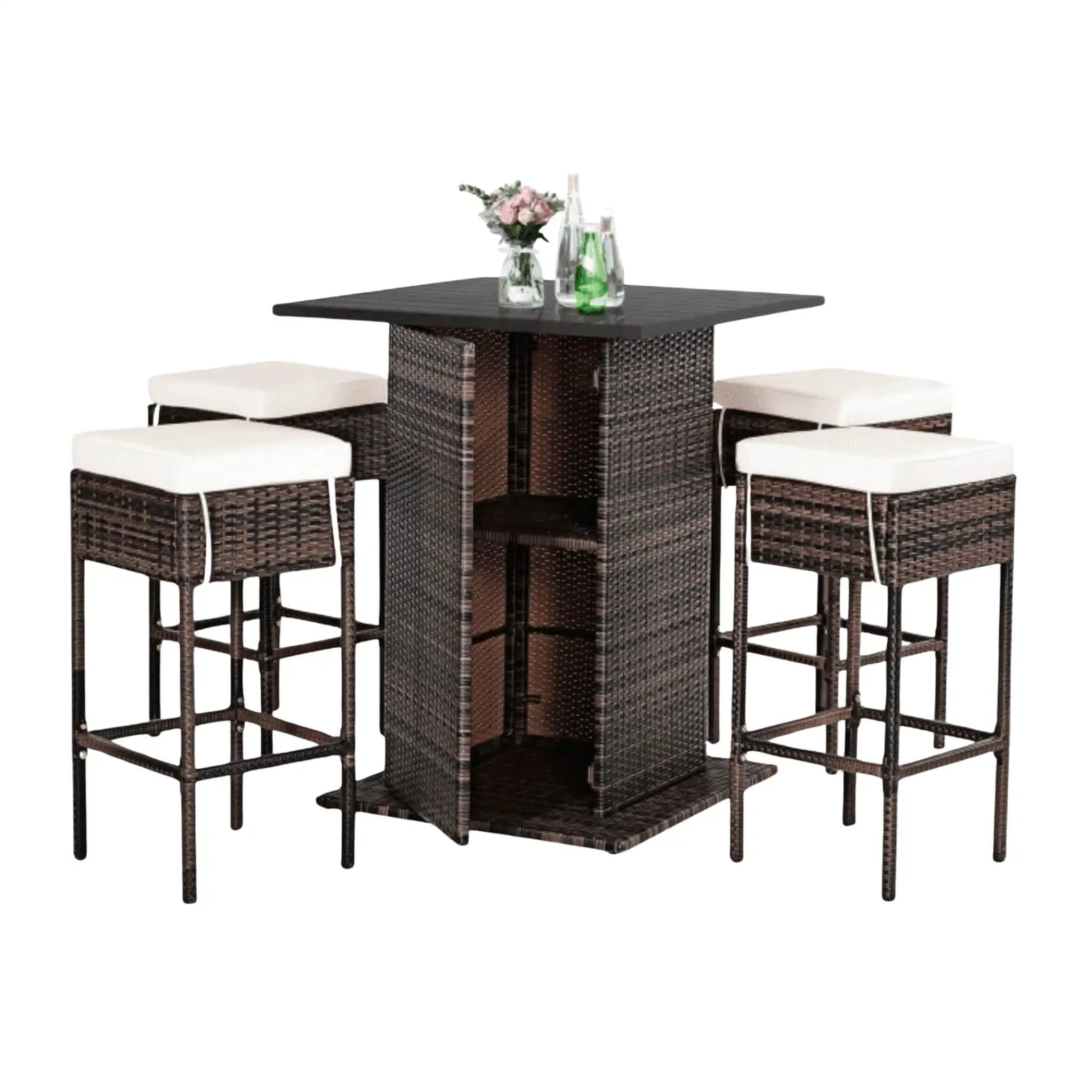 Alora 5-Piece Patio Rattan Bar Table Stool Set With Hidden Storage Shelf & Cushions (SAK14645) by SAKSBY WHOLESALE
