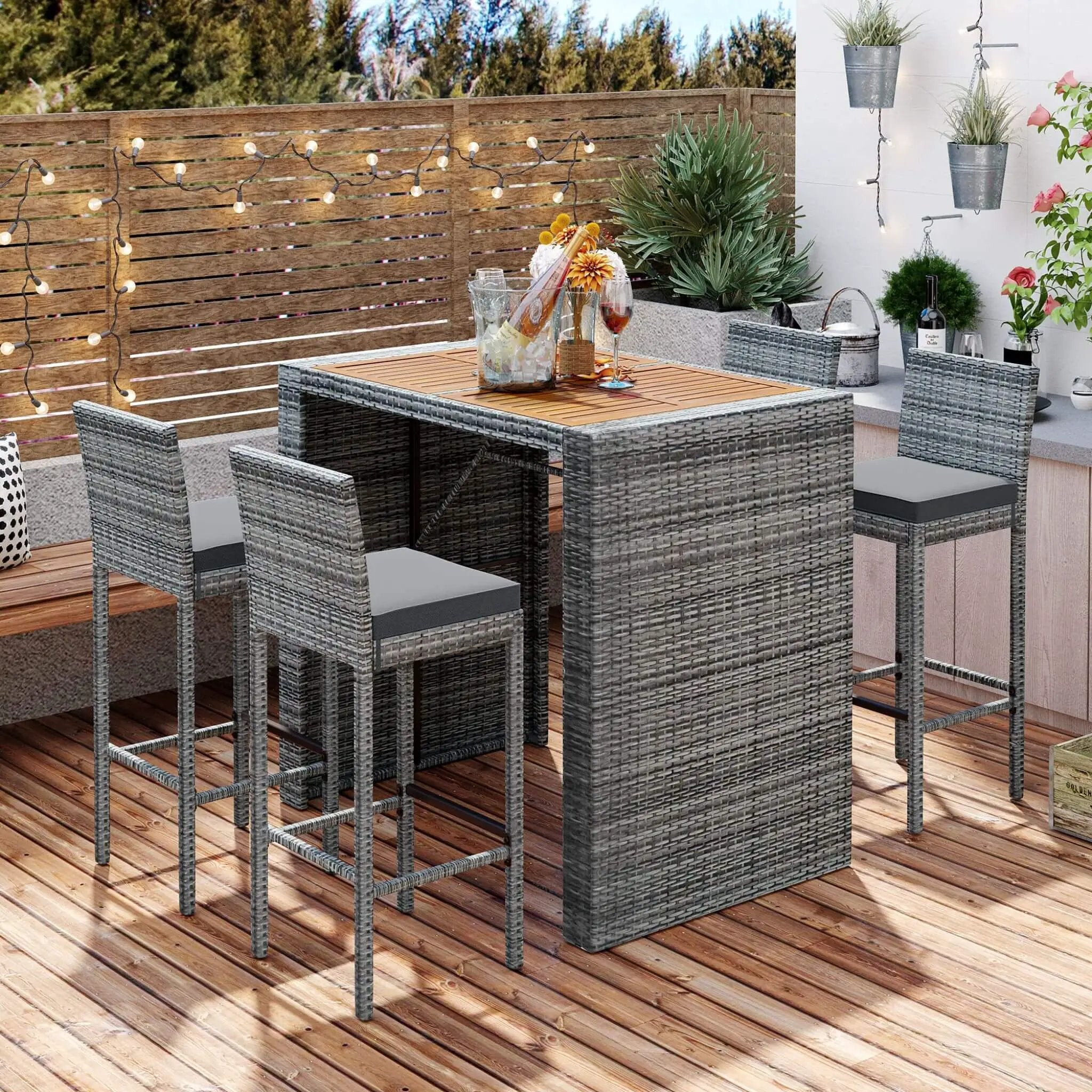 Alora 5-Piece Wicker Patio Bar Set With Cushions & Acacia Table (SAK26801) by SAKSBY WHOLESALE