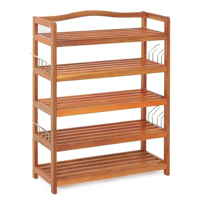 2-Tier Acacia Wood Shoe Rack with 4 Side Metal Hooks by DirectDeals