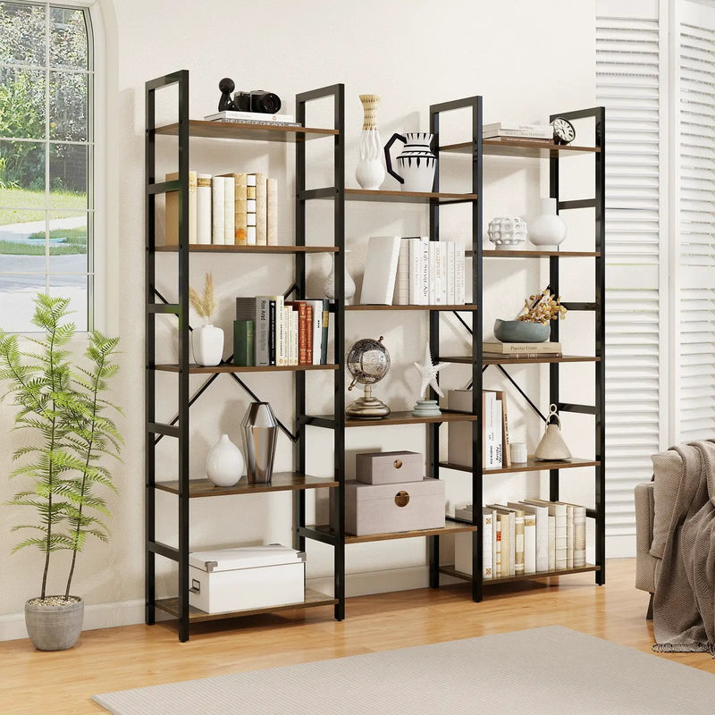 5-tier Triple Wide Heavy-duty Metal Frame Industrial Bookshelf-Rustic Brown by DirectDeals