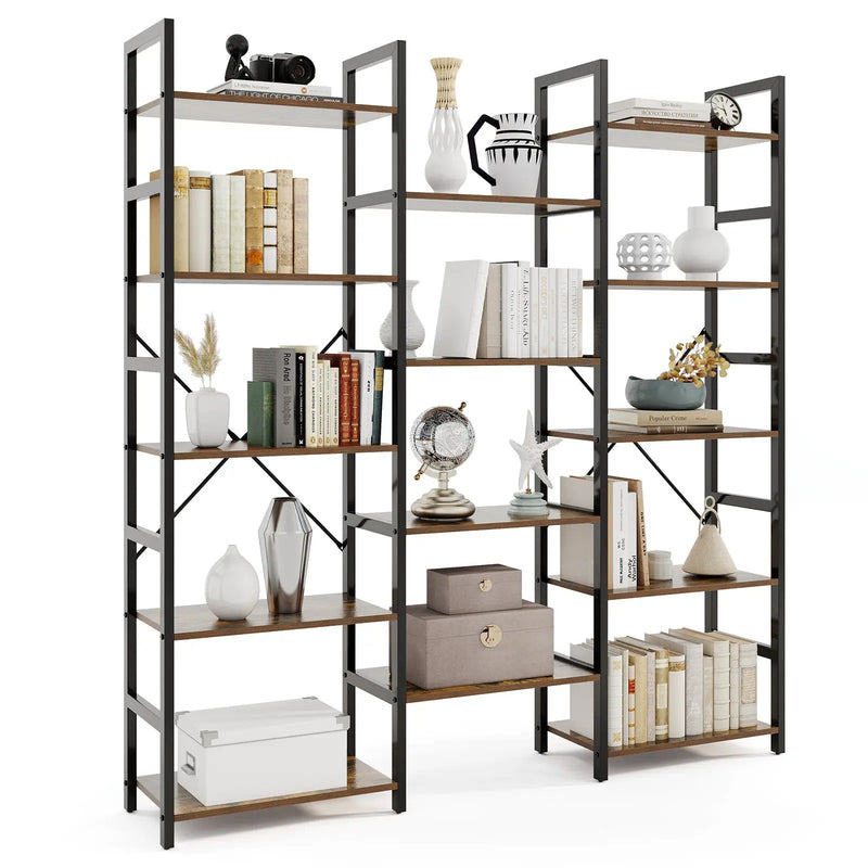 5-tier Triple Wide Heavy-duty Metal Frame Industrial Bookshelf-Rustic Brown by DirectDeals