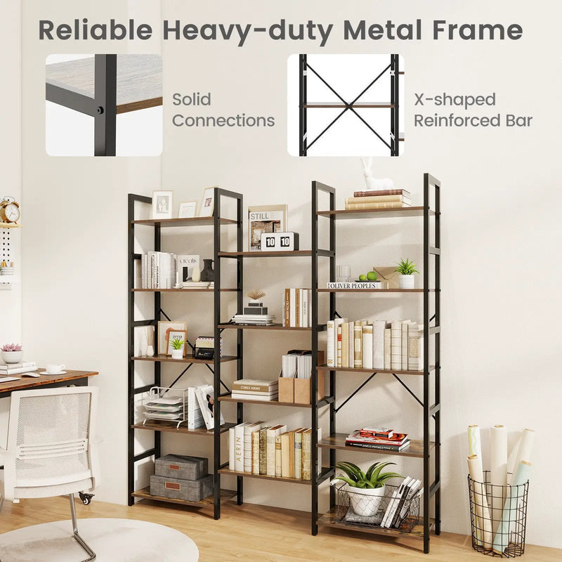 5-tier Triple Wide Heavy-duty Metal Frame Industrial Bookshelf-Rustic Brown by DirectDeals