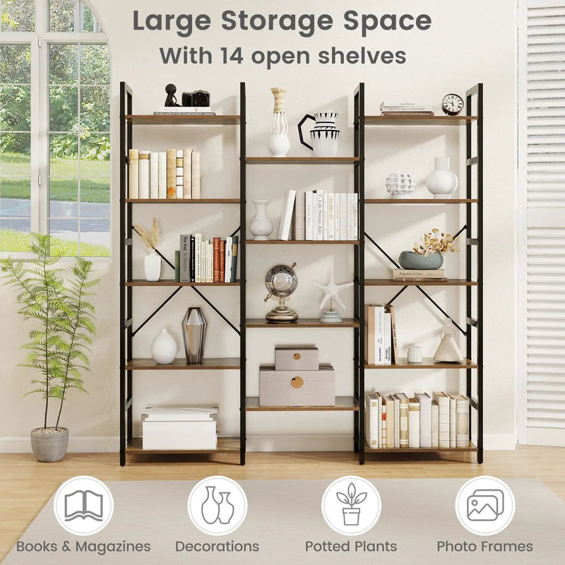 5-tier Triple Wide Heavy-duty Metal Frame Industrial Bookshelf-Rustic Brown by DirectDeals