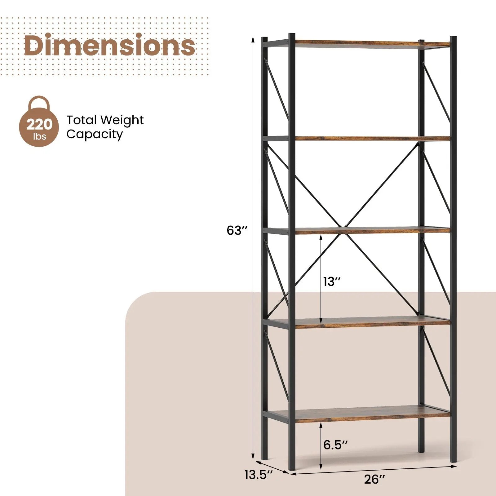 5-Tier Bookshelf with Open Shelves and Heavy Duty Metal Frame by DirectDeals