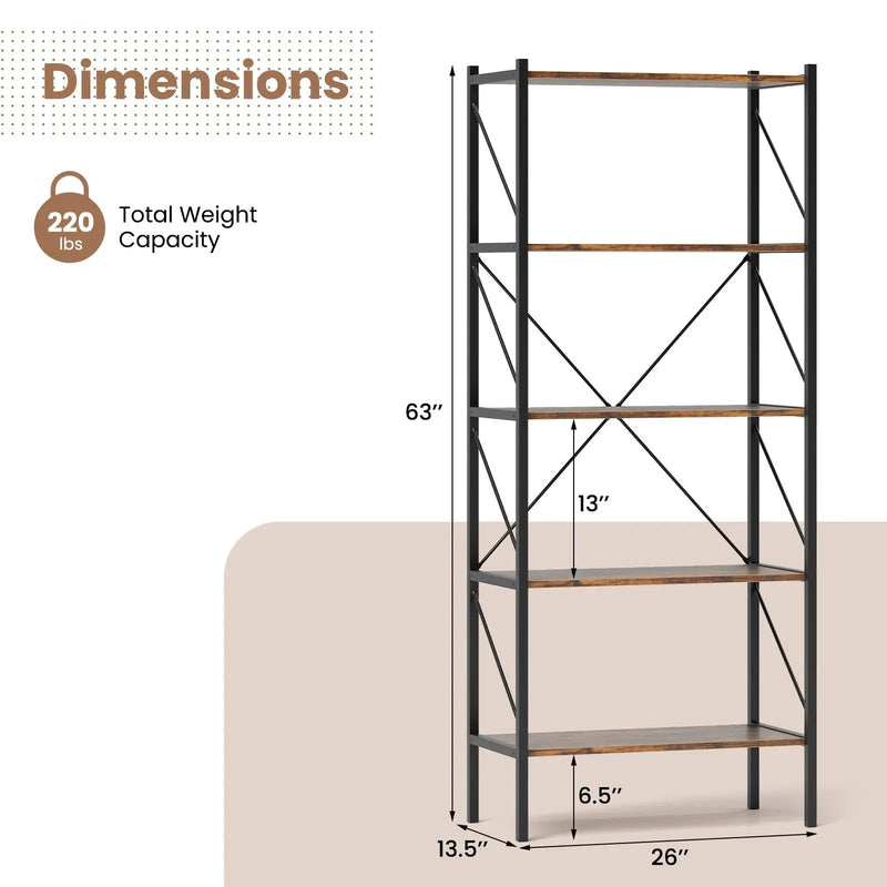 5-Tier Bookshelf with Open Shelves and Heavy Duty Metal Frame by DirectDeals