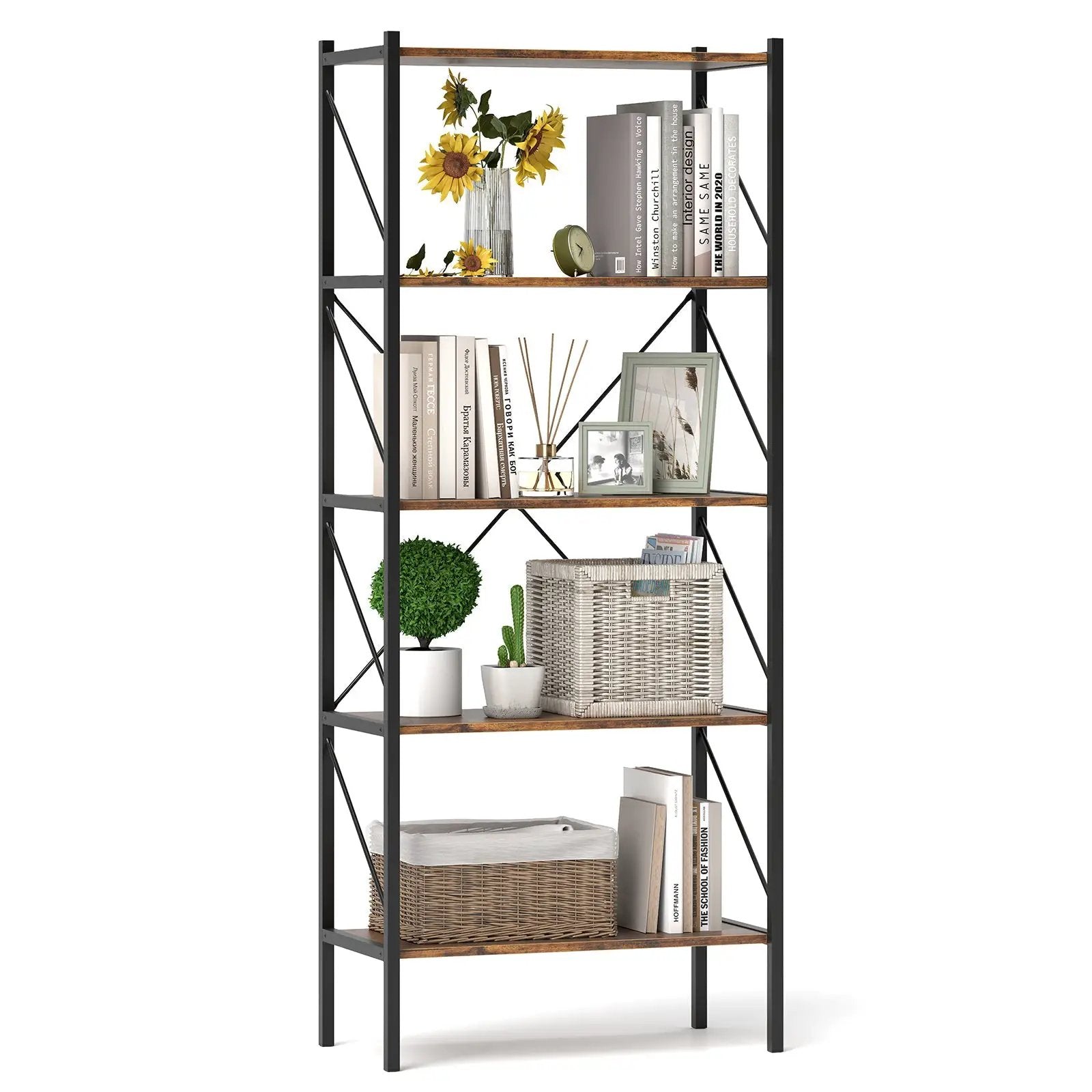 5-Tier Bookshelf with Open Shelves and Heavy Duty Metal Frame by DirectDeals