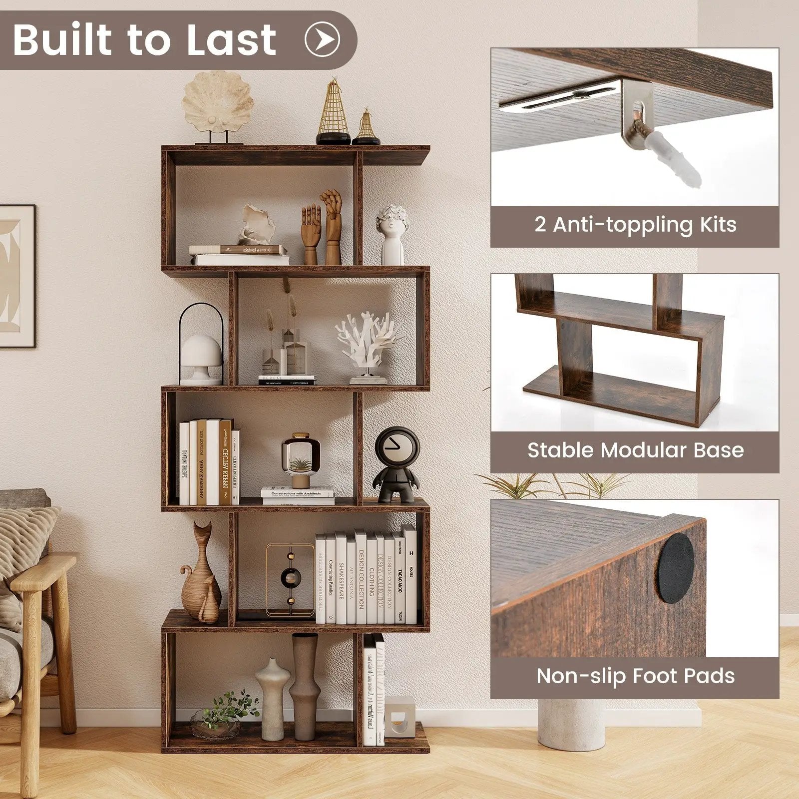 5-Tier Bookshelf with Anti-Toppling Device for Living Room Home Office by DirectDeals
