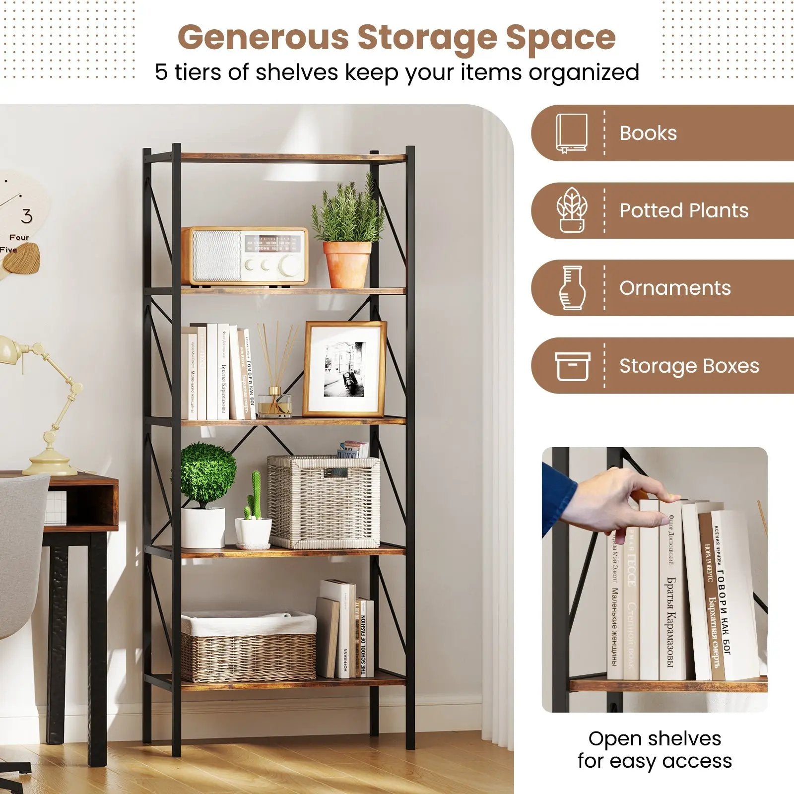 5-Tier Bookshelf with Open Shelves and Heavy Duty Metal Frame by DirectDeals