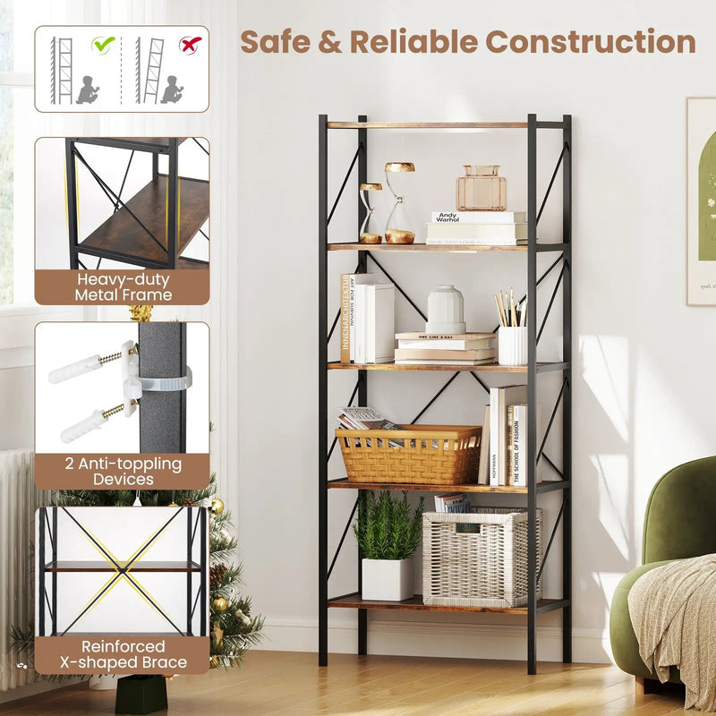 5-Tier Bookshelf with Open Shelves and Heavy Duty Metal Frame by DirectDeals