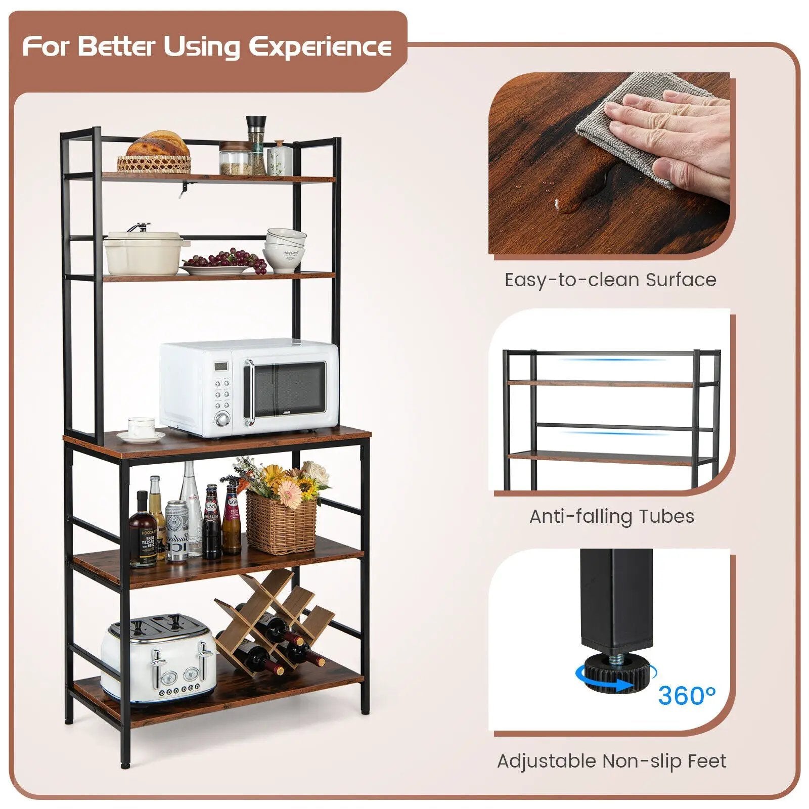 5-Tier Kitchen Bakers Rack with Hutch and Open Shelves-Rustic Brown by DirectDeals