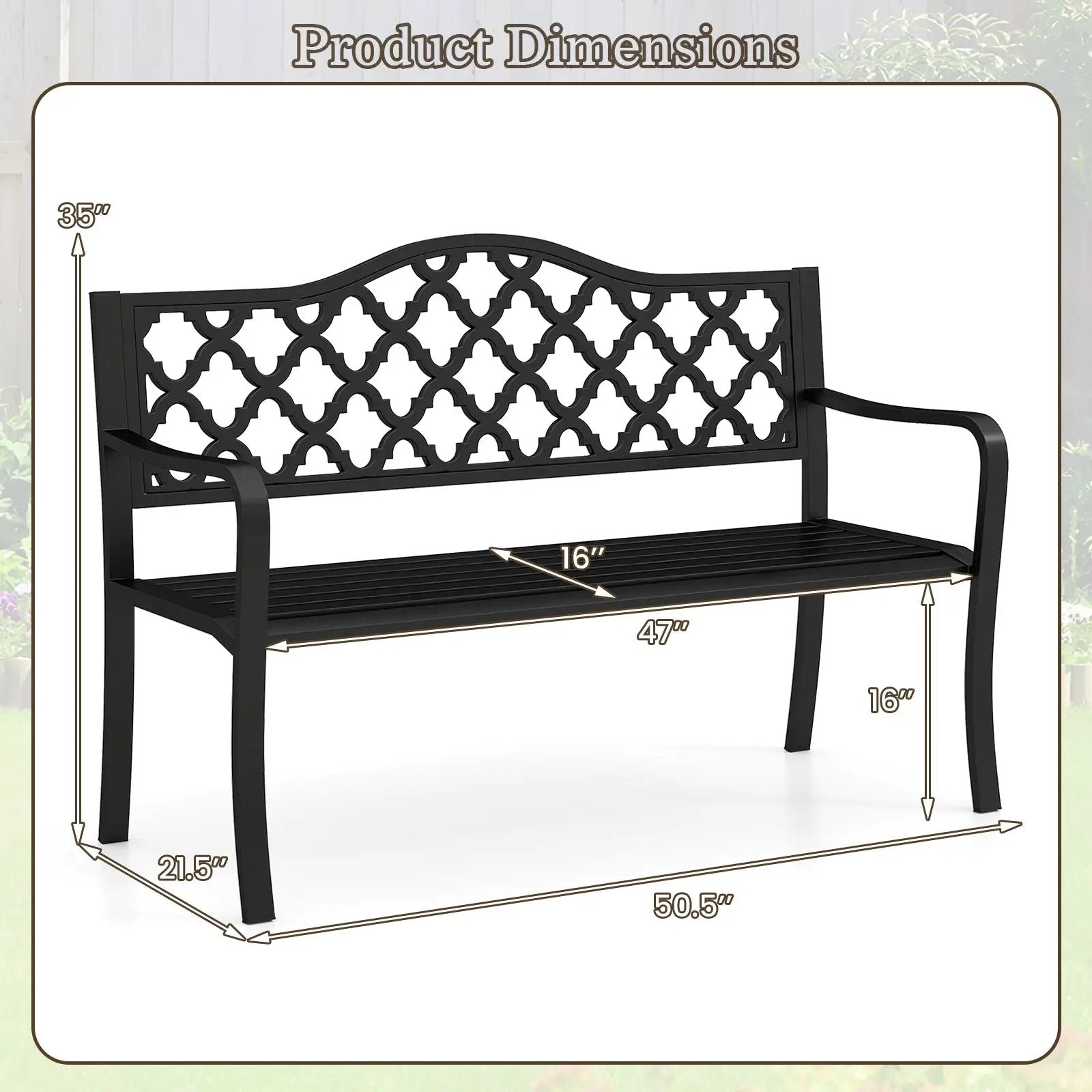 50.5 Inch Patio Bench with Curved Armrests for 2-3 People-Black by DirectDeals