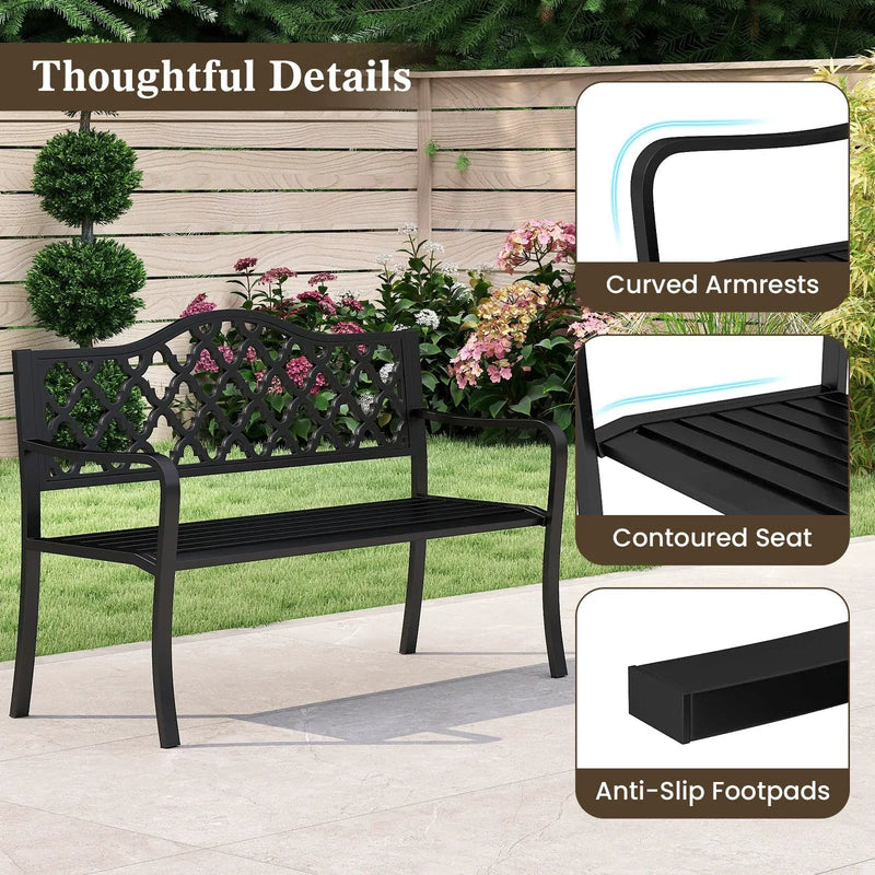 50.5 Inch Patio Bench with Curved Armrests for 2-3 People-Black by DirectDeals