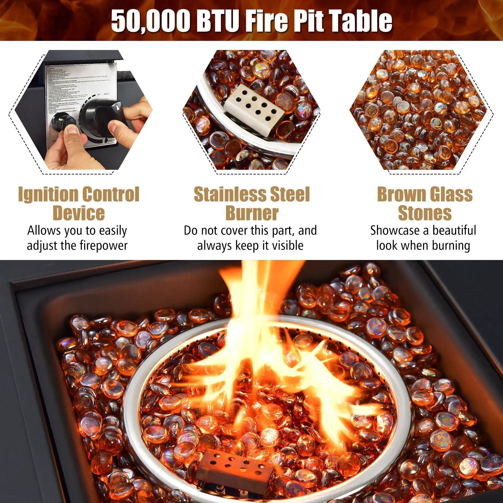 50 000 BTU 32 Inch Square Propane Gas Fire Pit Table by DirectDeals