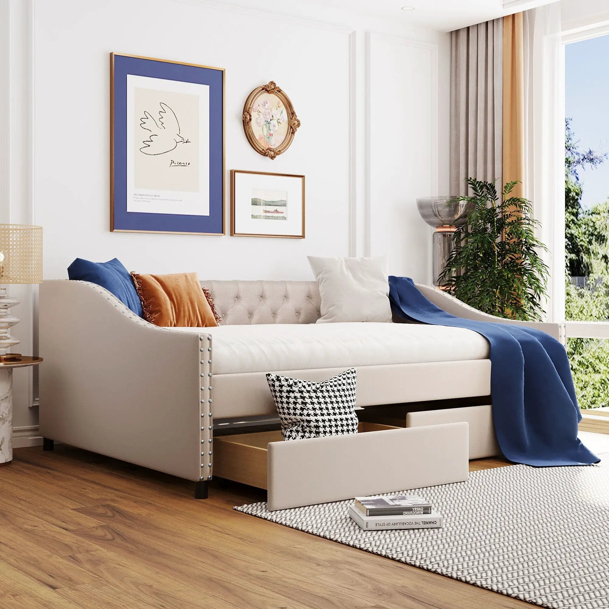 Upholstered Daybed With Two Drawers, Wood Slat Support by HouseOfZazla