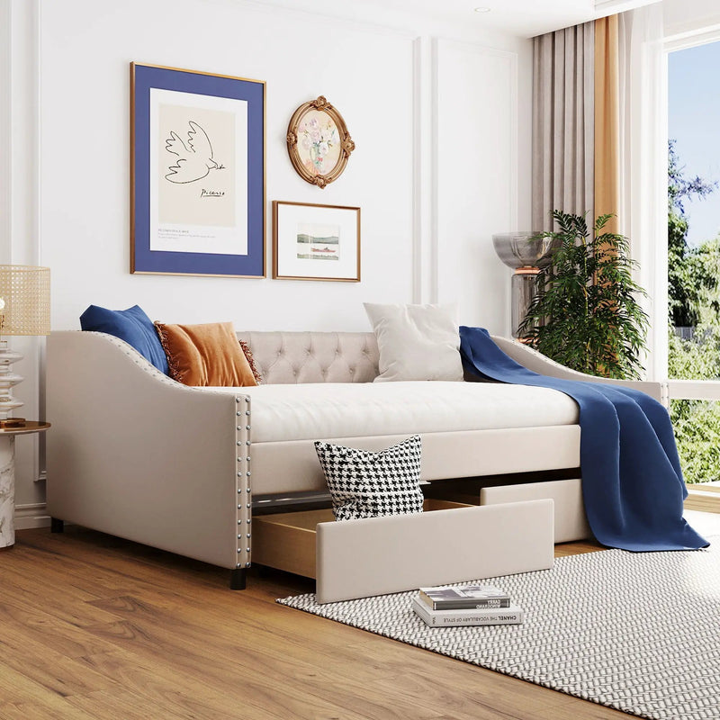 Upholstered Daybed With Two Drawers, Wood Slat Support by HouseOfZazla