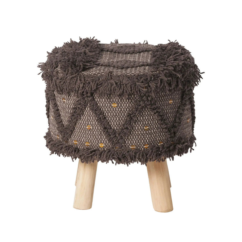 Roja Handcrafted Wool & Cotton Foot Stool with Eucalyptus Wood Frame - Dark Brown by HouseOfZazla