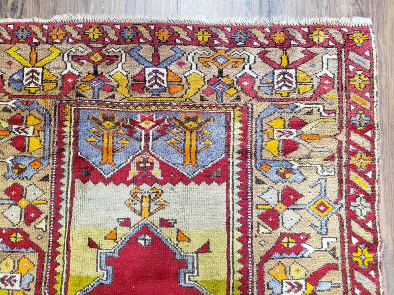 Antique Turkish Prayer Rug 3.8 x 5ft, Colorful Prayer Rug, Red Blue Gold Multicolor Turkish Anatolian Carpet, Handmade Hand-Knotted, Wool by Jewel Rugs