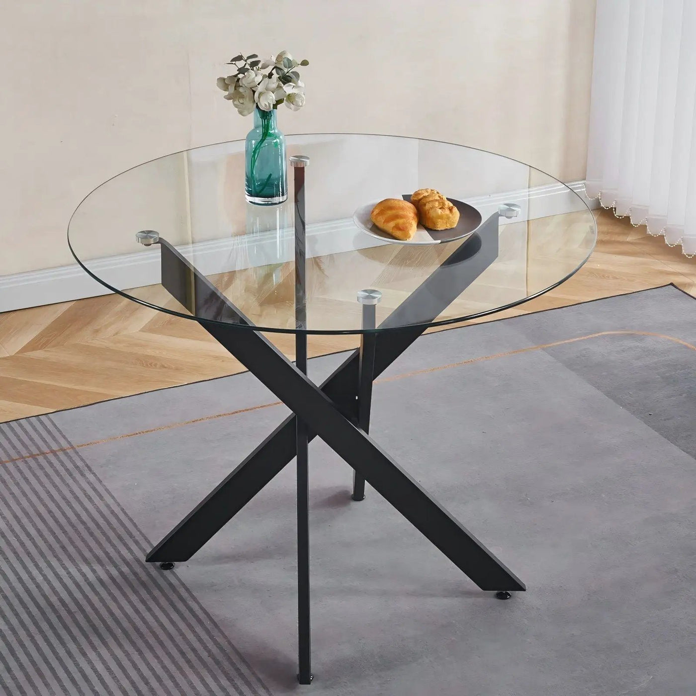 Dining Table With Cross Metal Leg And Tempered Glass, Modern Space Saving Kitchen Table For Living Room by Unique Piece Furniture