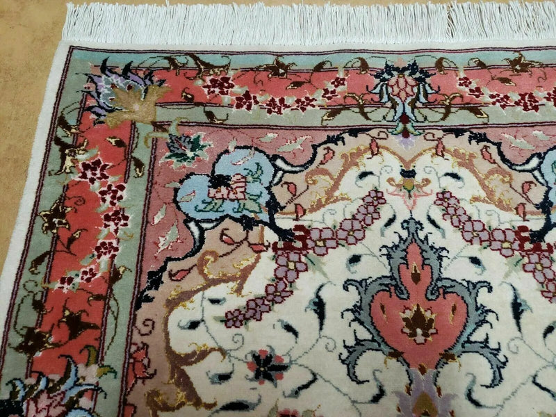 Small Vintage Persian Tabriz Wool and Silk Rug 2.5 x 4 ft, Very Finely Hand Knotted, Medallion, Ivory Salmon Light Blue, Top Quality, Pair A by Jewel Rugs