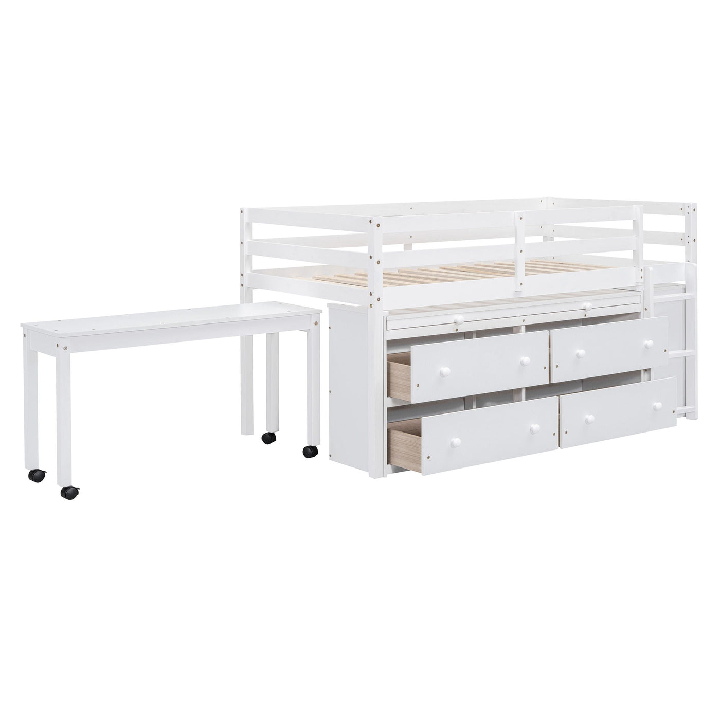 Loft Bed With Retractable Writing Desk And 4 Drawers, With Lateral Portable Desk And Shelves by Unique Piece Furniture