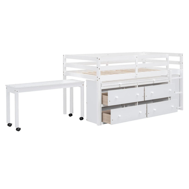 Loft Bed With Retractable Writing Desk And 4 Drawers, With Lateral Portable Desk And Shelves by Unique Piece Furniture